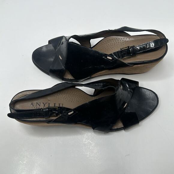 ANYI LU Made in ITALY BlLACK PATENT LEATHER WEDGE SANDAL MADE in ITALY SIZE 41 M - Picture 14 of 16